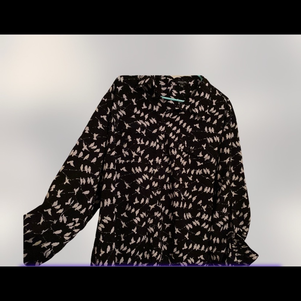 Notations Blue & White Bird Pattern Button-Down T… - image 2